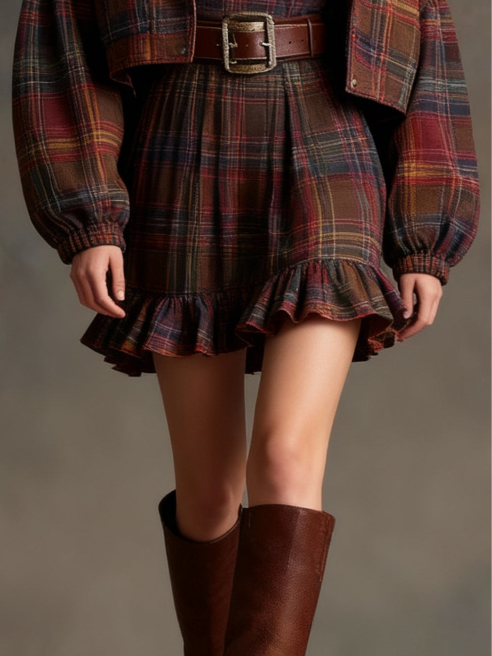Robe Mini Vintage à Carreaux et Rayures avec Veste Large (ceinture incluse)