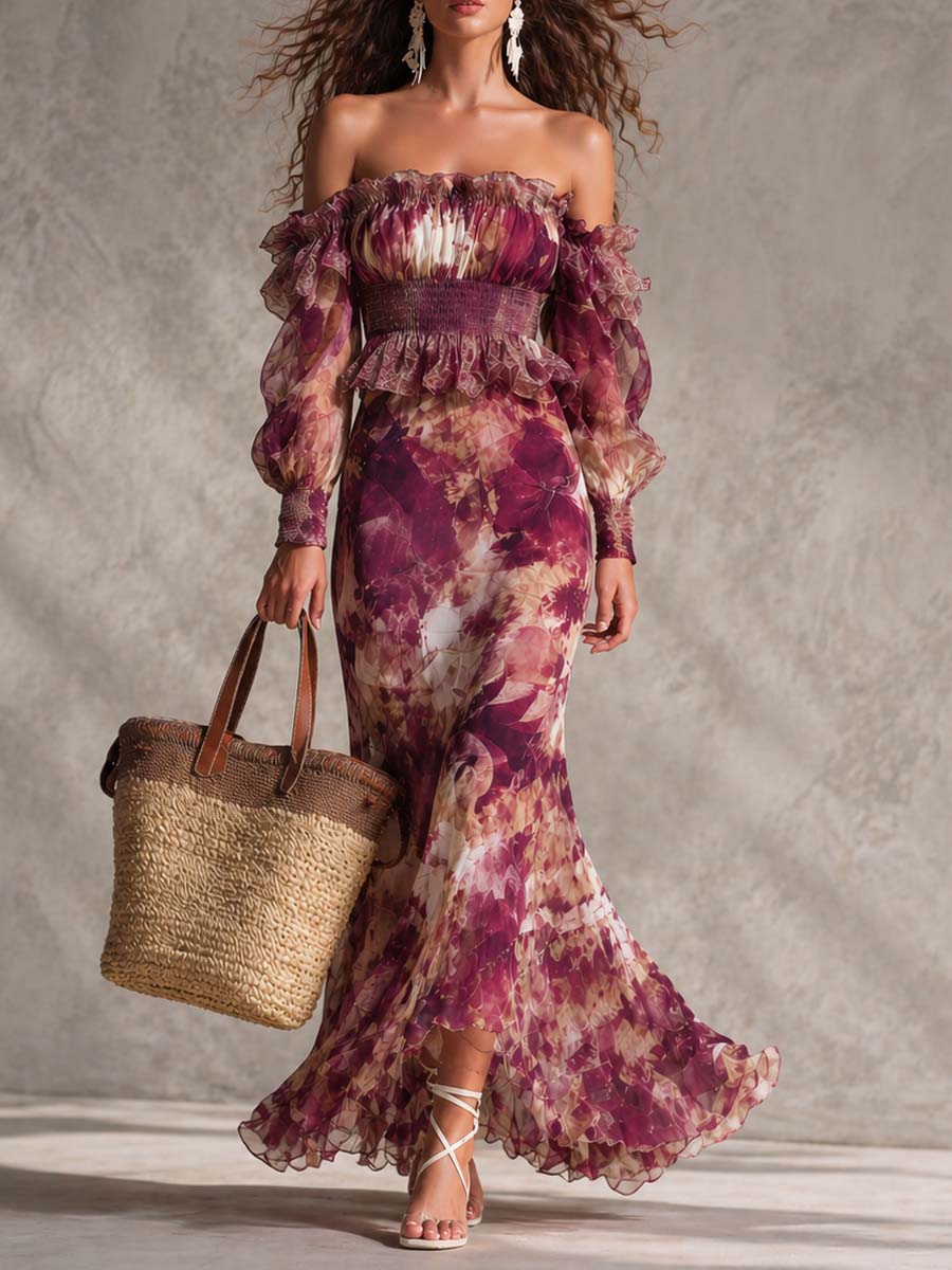 Robe Maxi Rose en Mousseline à Imprimé Aquarelle et Épaules Dénudées