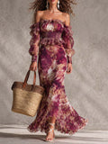 Robe Maxi Rose en Mousseline à Imprimé Aquarelle et Épaules Dénudées