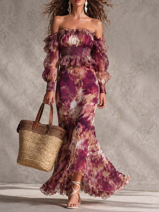 Robe Maxi en Mousseline Rose Épaules Dénudées à Fleurs