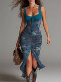 Robe Midi Bleue à Imprimé Floral et Finition Dentelle
