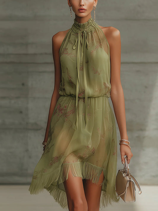 Abito Mini in Chiffon con Fiore Verde e Vita Alta