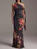 Robe maxi noire plissée à une épaule