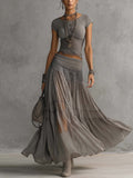 Ensemble Gris Top en Dentelle & Jupe Maxi Plissée