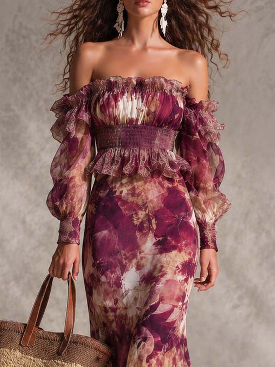 Robe Maxi Rose en Mousseline à Imprimé Aquarelle et Épaules Dénudées