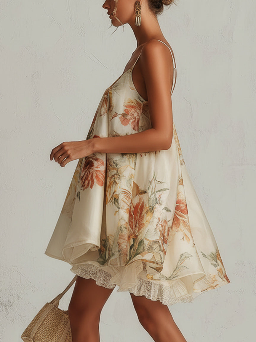Liliana | Robe courte en organza beige à motif floral et bord en dentelle