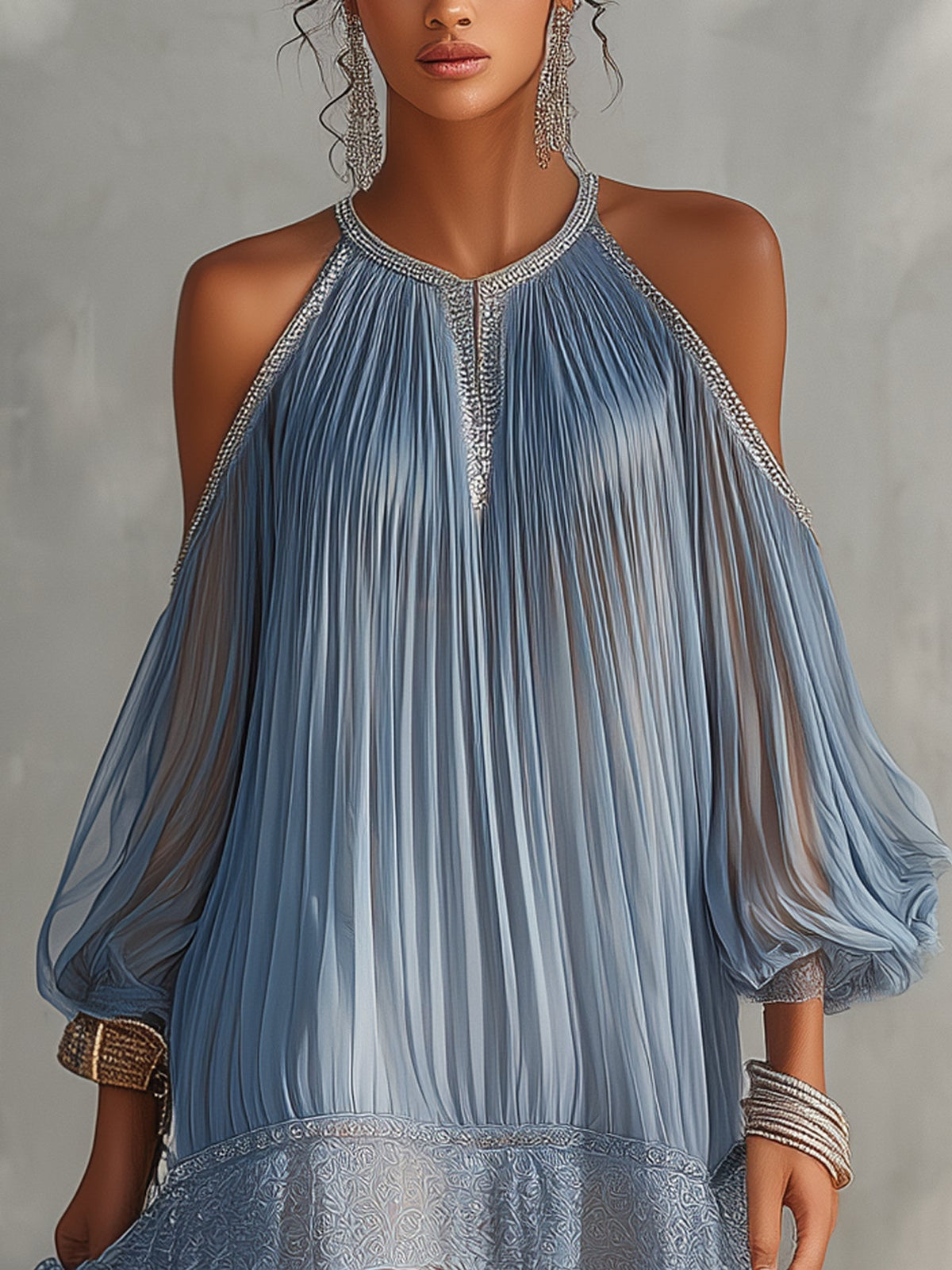 Celeste | Mini-robe bleue à épaules dénudées, froncée et ourlet en dentelle