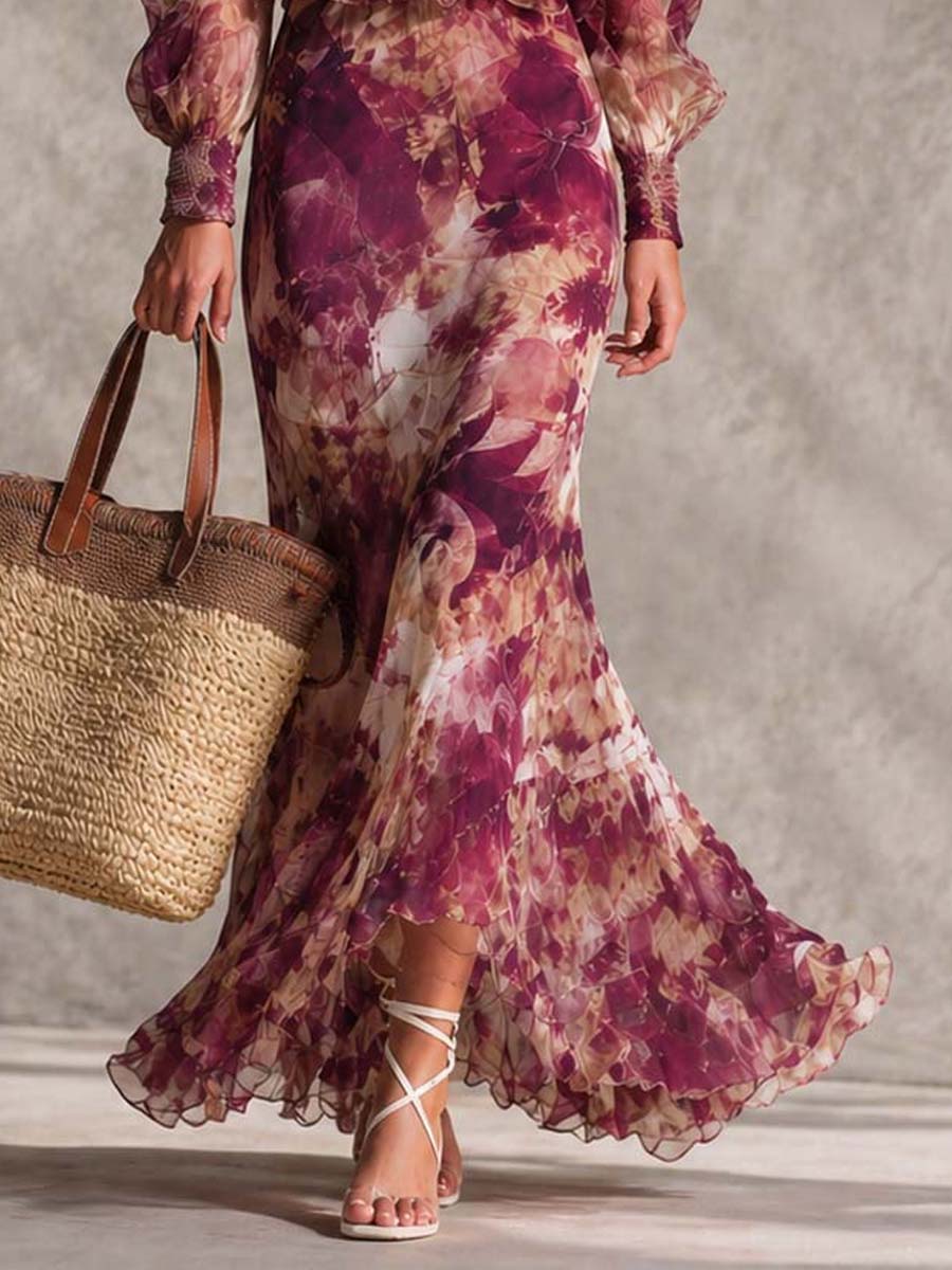 Robe Maxi Rose en Mousseline à Imprimé Aquarelle et Épaules Dénudées