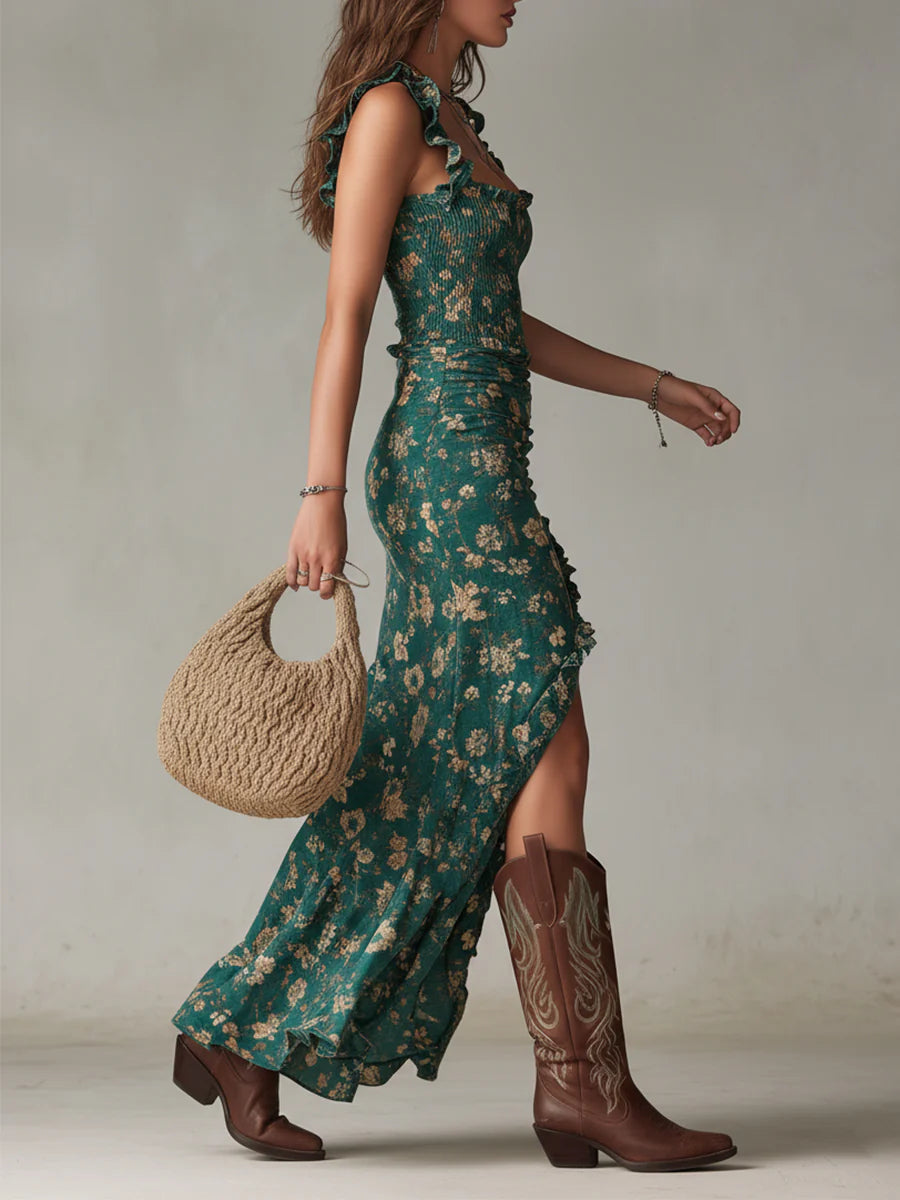 Robe Maxi Verte Bohème à Imprimé et Manches à Volants