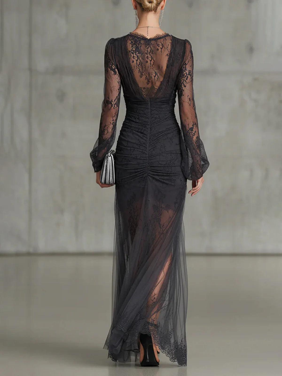Sofia | Robe maxi en dentelle gris foncé à volants