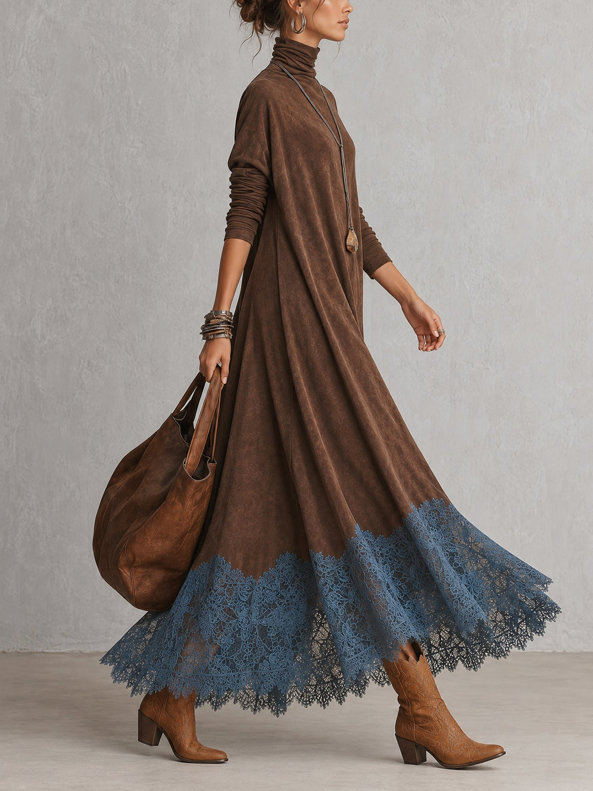 Piera - Robe longue effet daim avec ourlet en dentelle