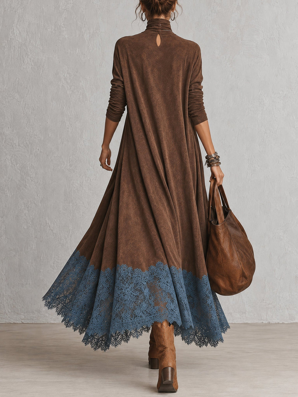 Piera - Robe longue effet daim avec ourlet en dentelle