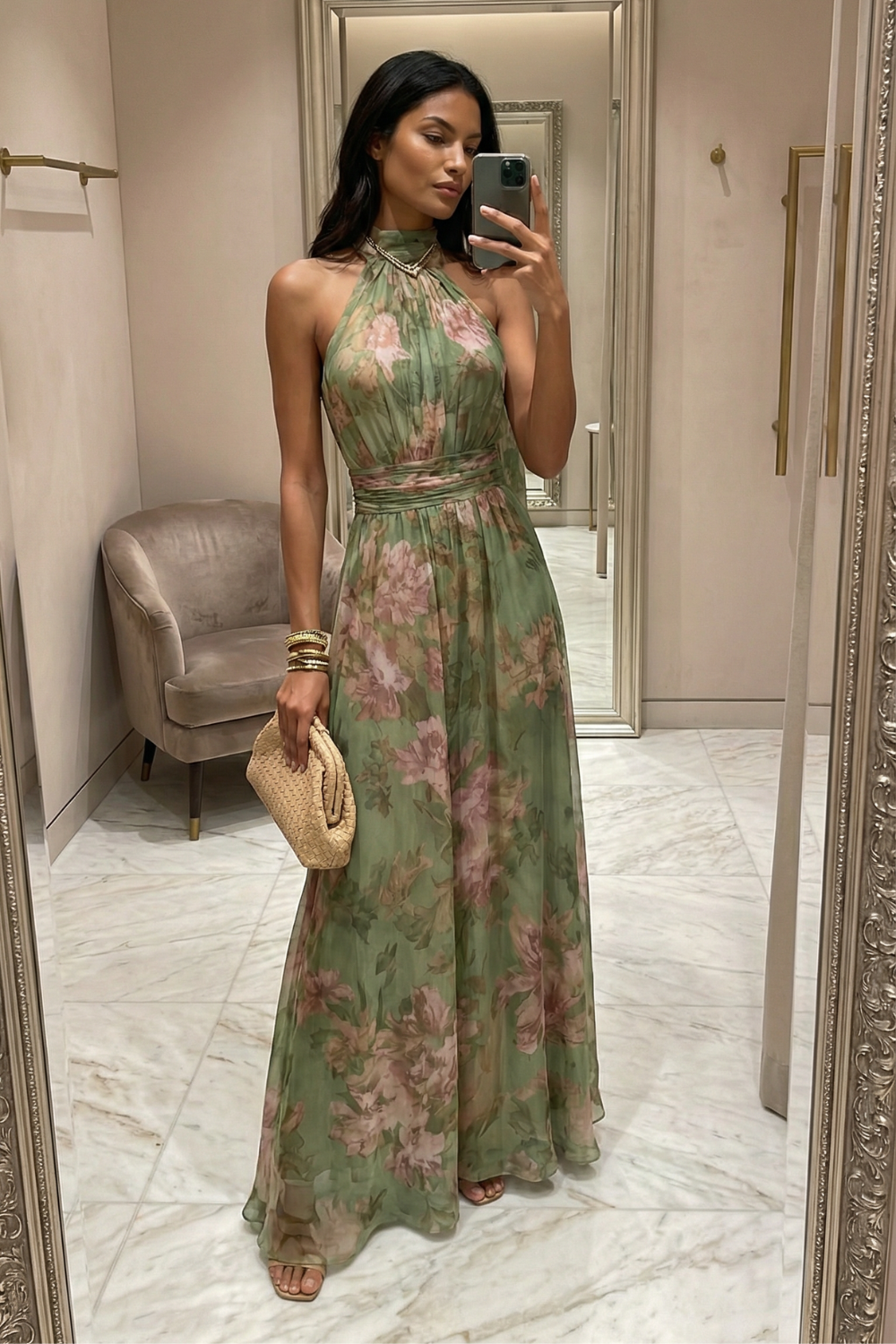 Robe longue à col dos nu et imprimé floral