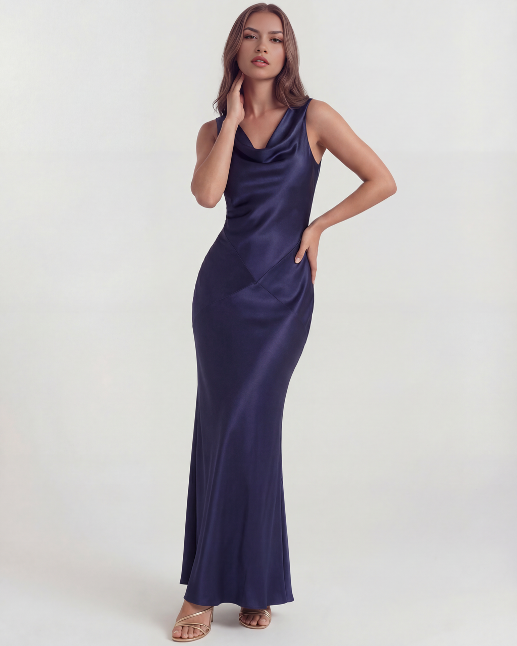 Robe longue satinée à décolleté drapé