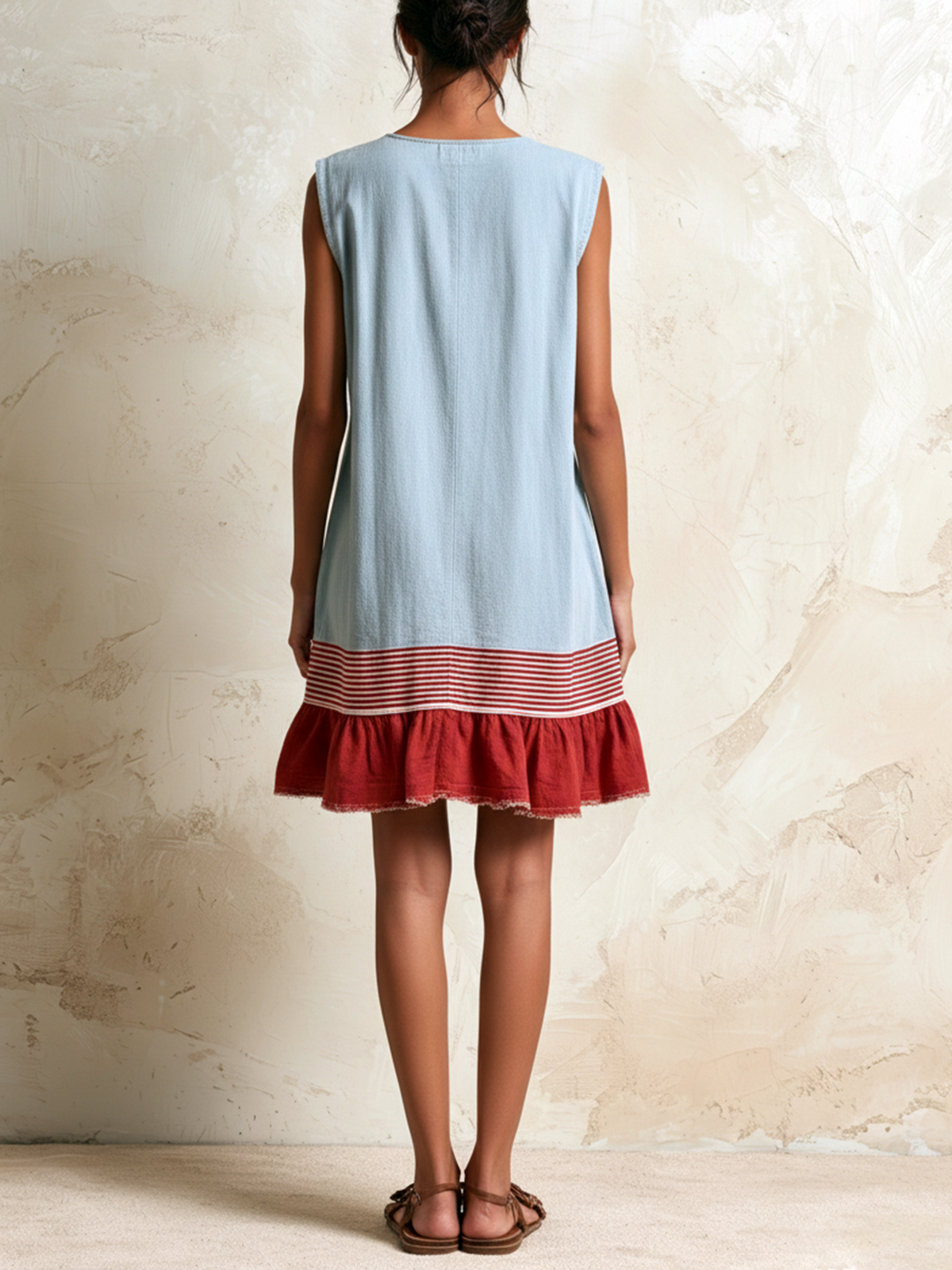 Katia | Robe tunique bleu ciel sans manches avec bande rouge et ourlet froncé
