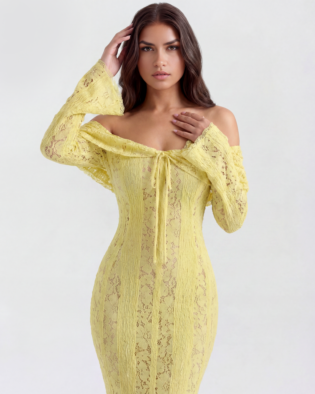 Robe longue en dentelle à encolure Bardot
