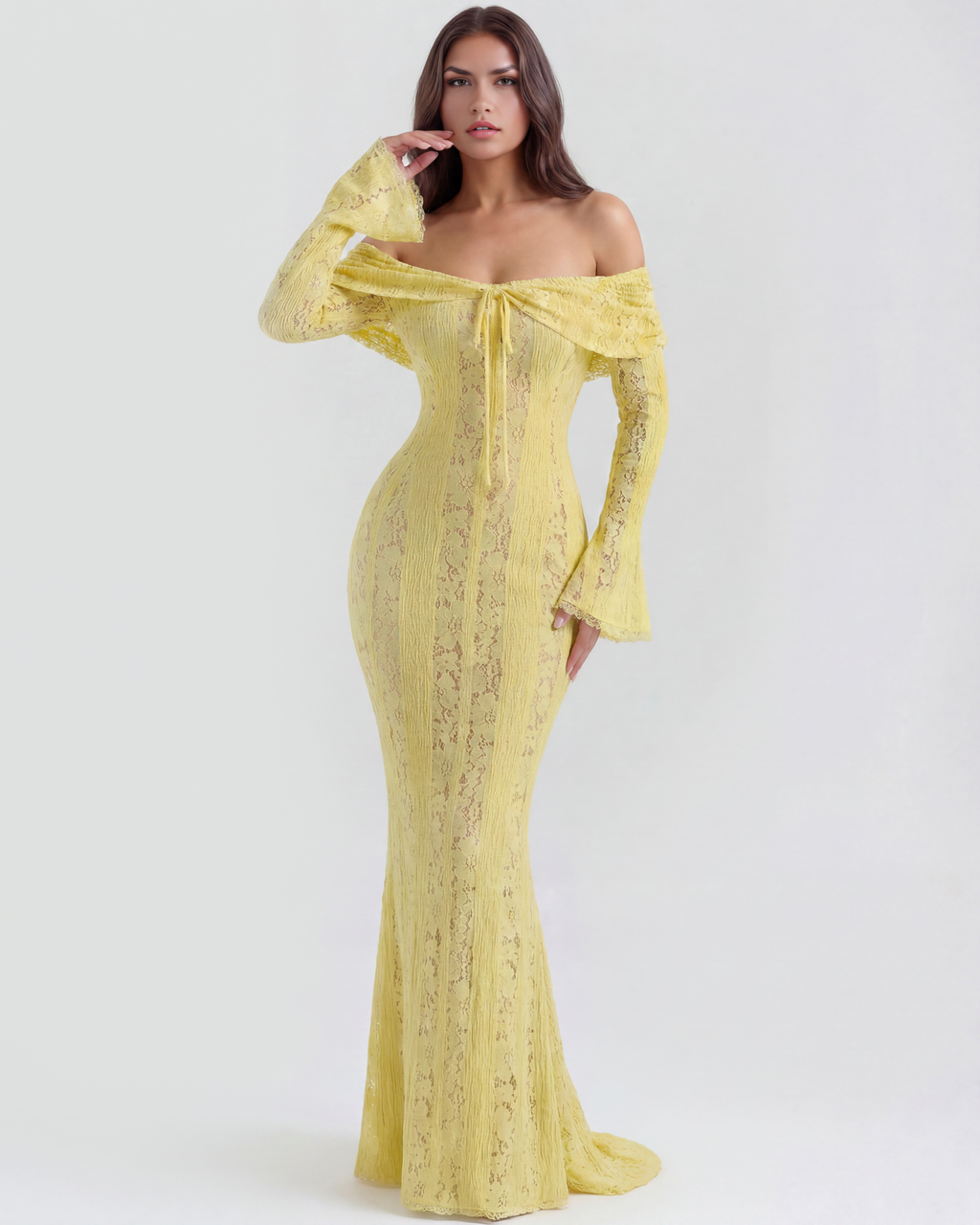 Robe longue en dentelle à encolure Bardot