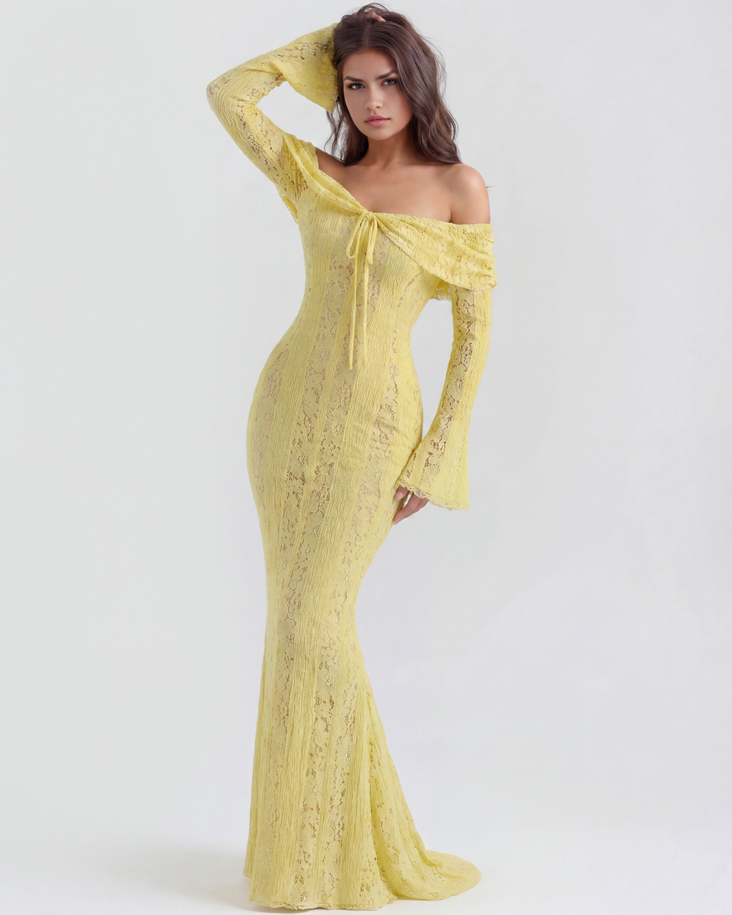 Robe longue en dentelle à encolure Bardot