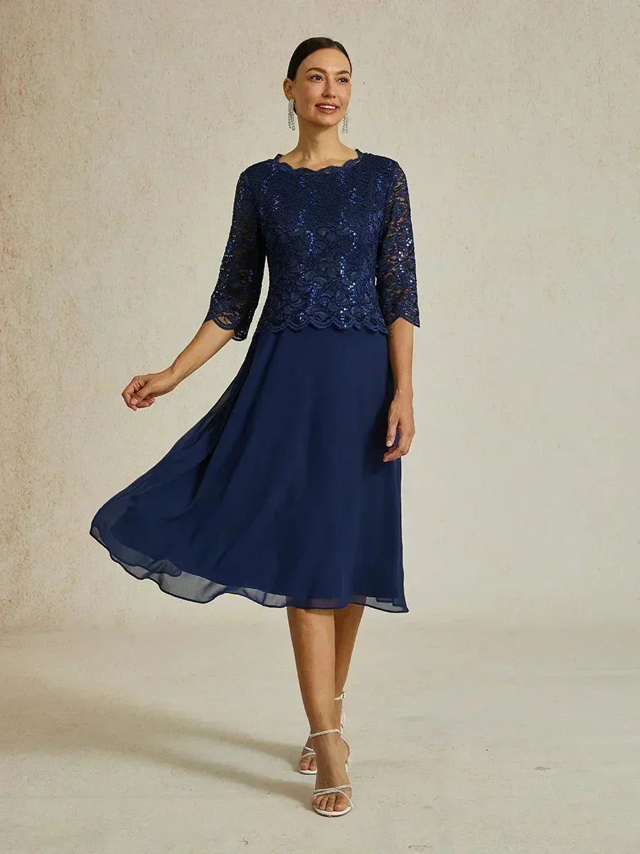 Robe midi en dentelle à manches trois quarts
