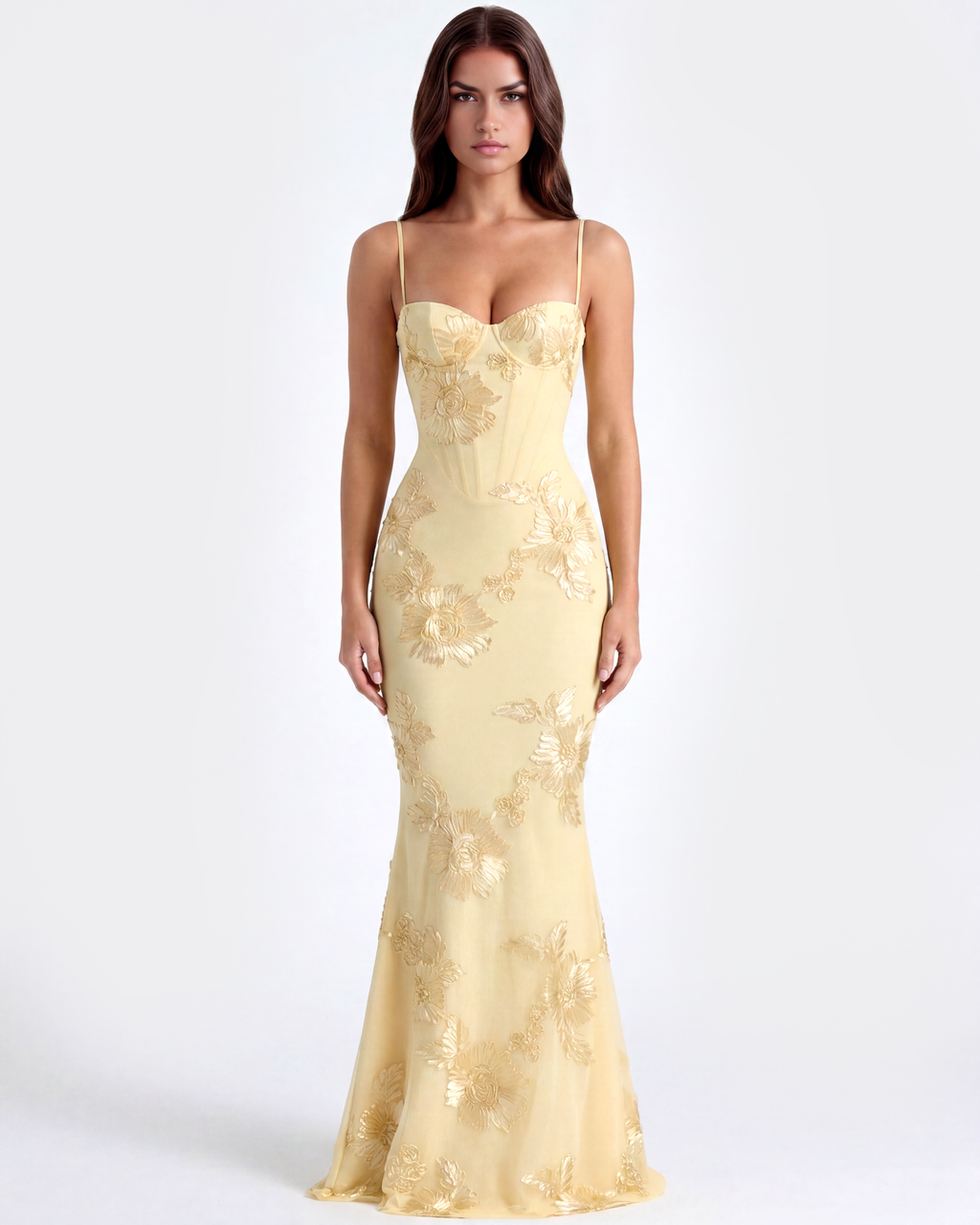 Robe longue avec corset fleuri brodé