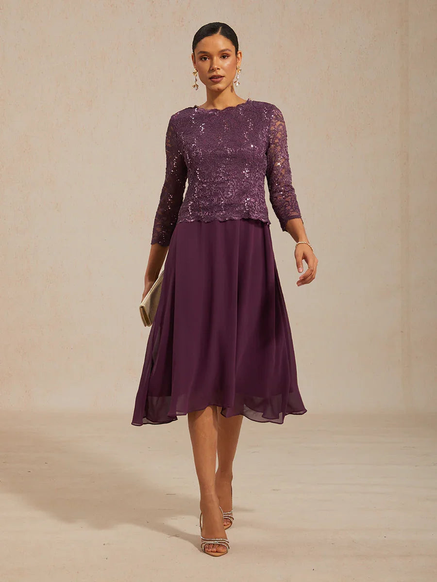 Robe midi en dentelle à manches trois quarts