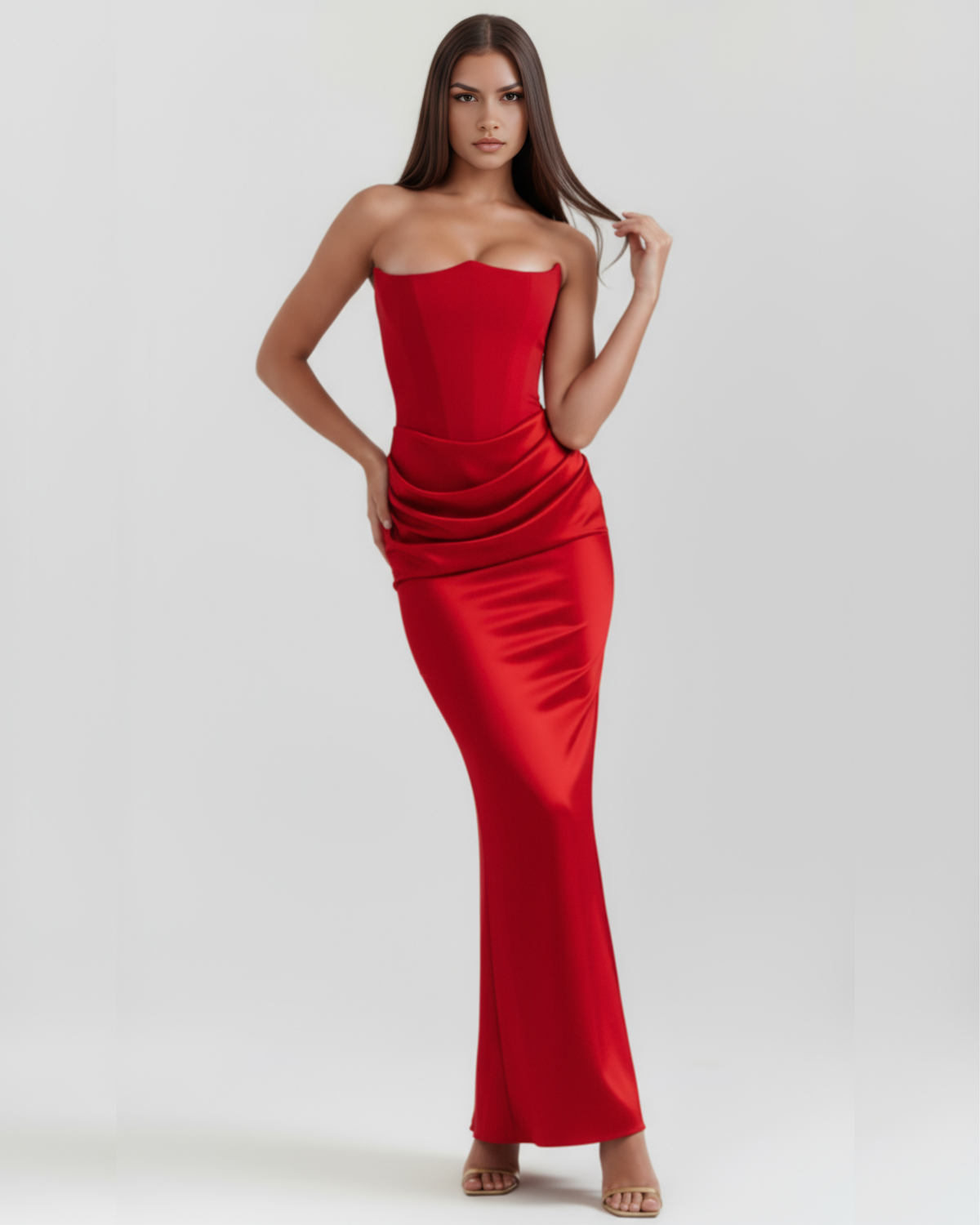 Robe longue satinée avec décolleté bustier