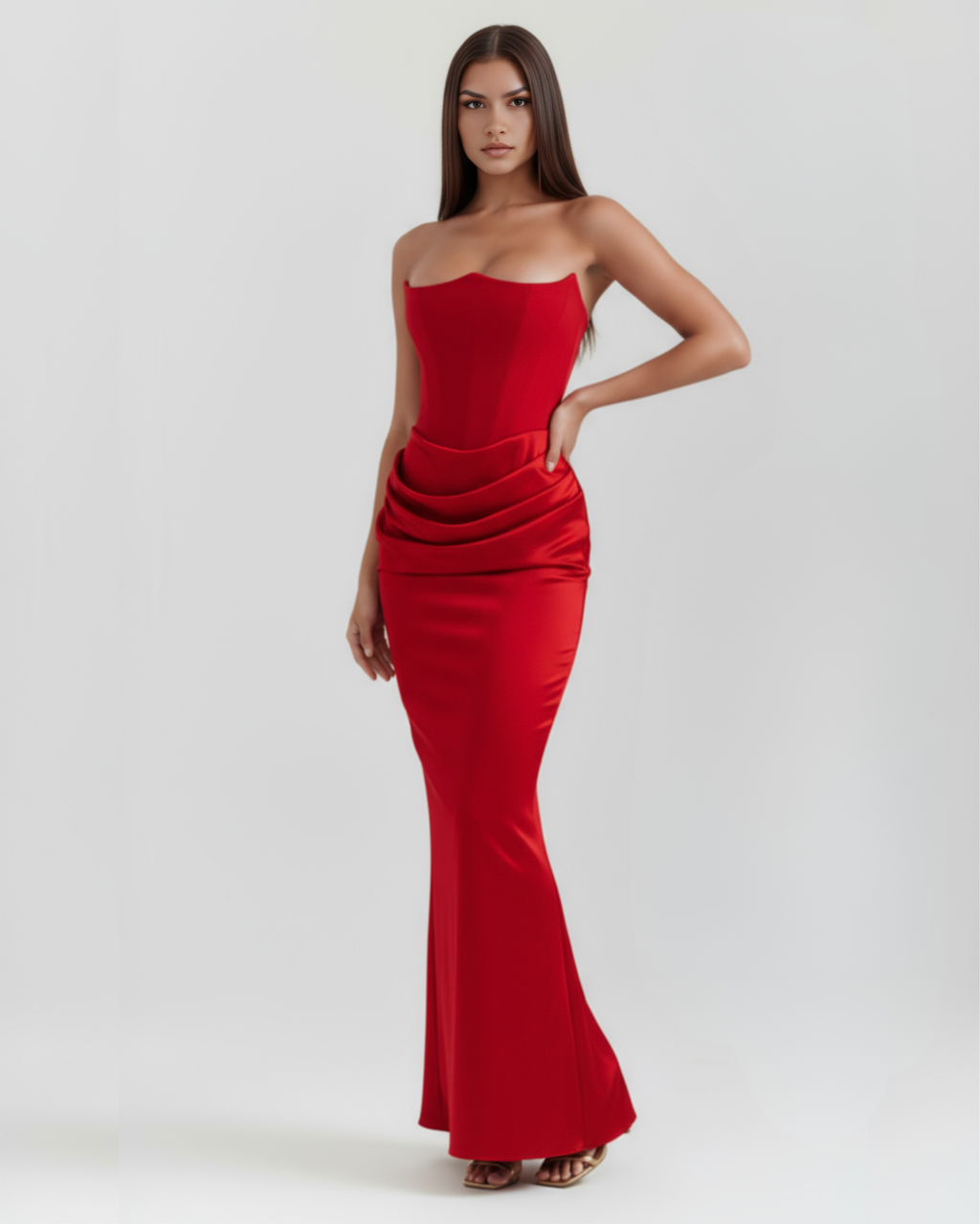 Robe longue satinée avec décolleté bustier
