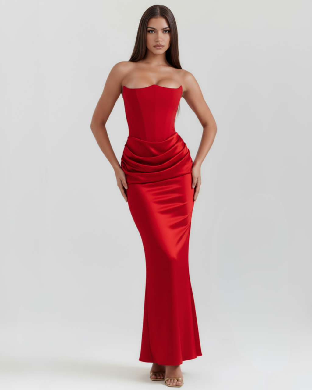 Robe longue satinée avec décolleté bustier