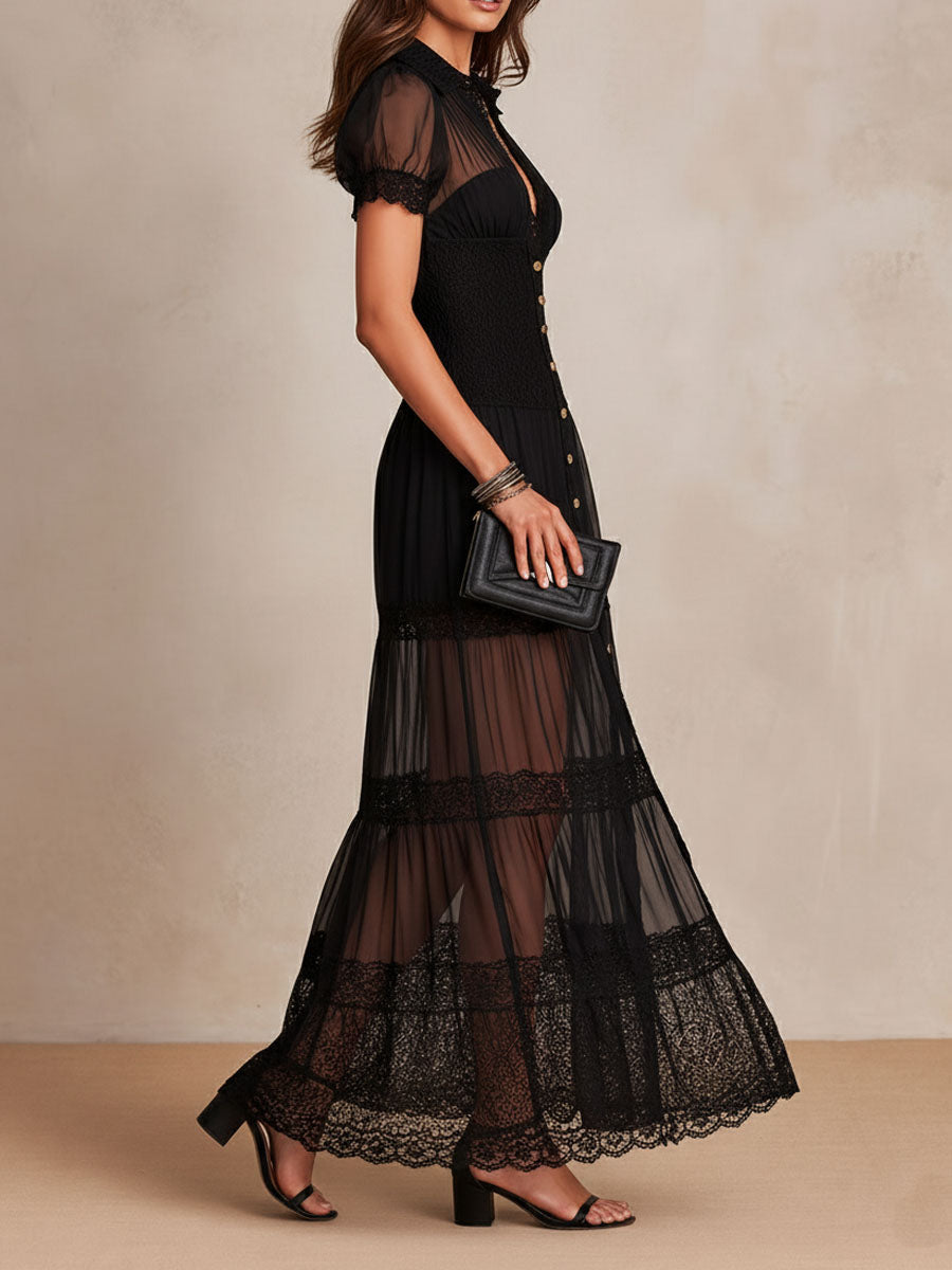 Gillian – Élégante robe maxi noire en dentelle