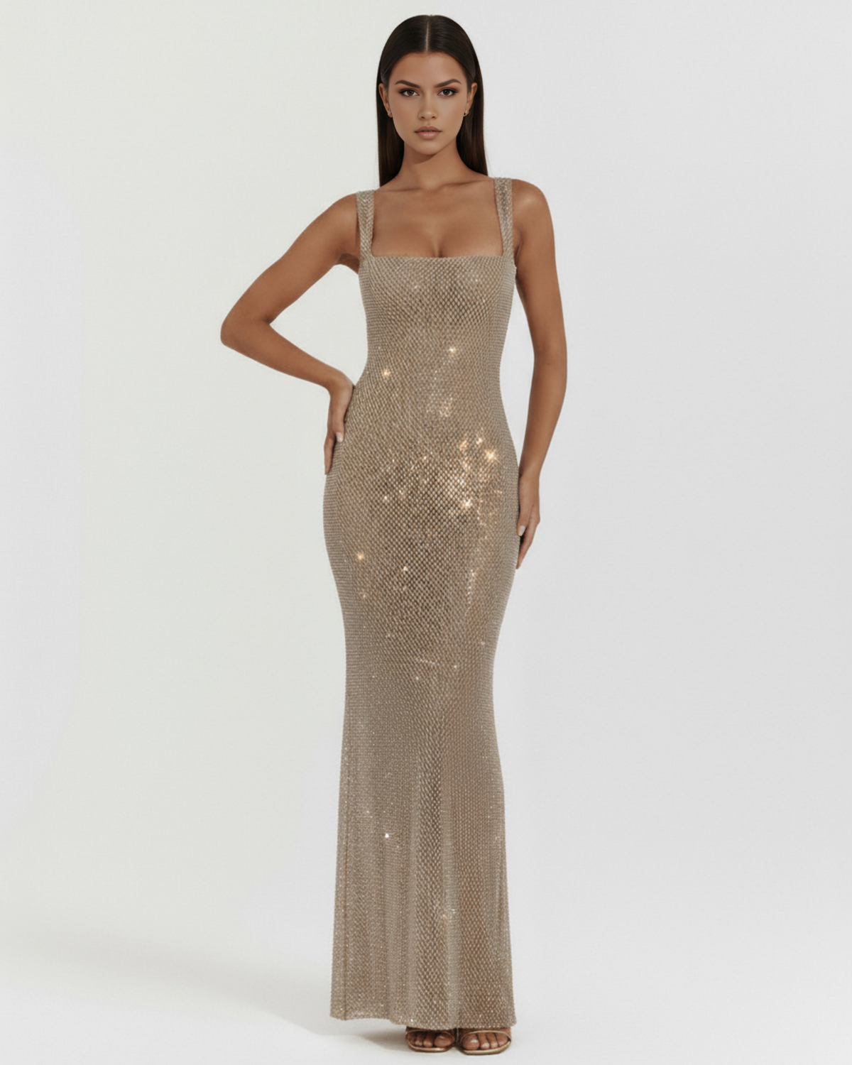 Robe longue brillante à encolure carrée