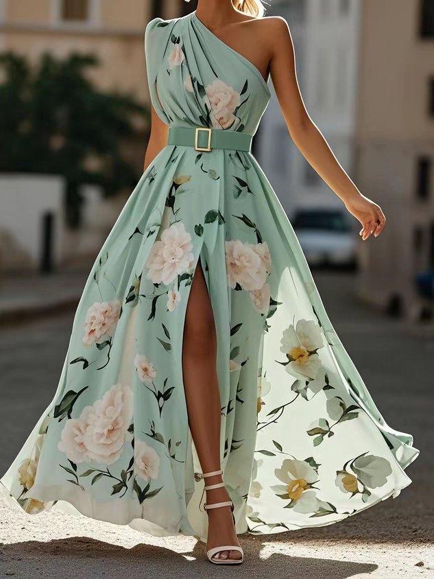 Julie | Robe maxi en chiffon vert à fleurs