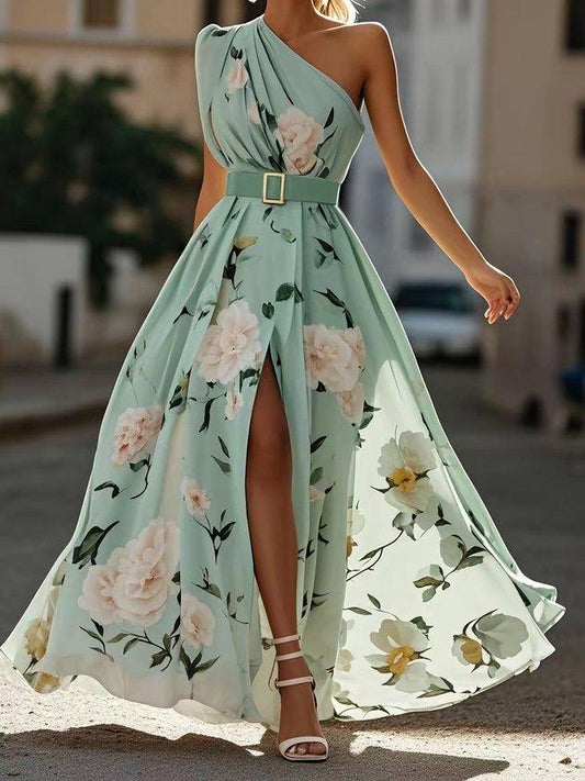 Julie | Robe maxi en chiffon vert à fleurs