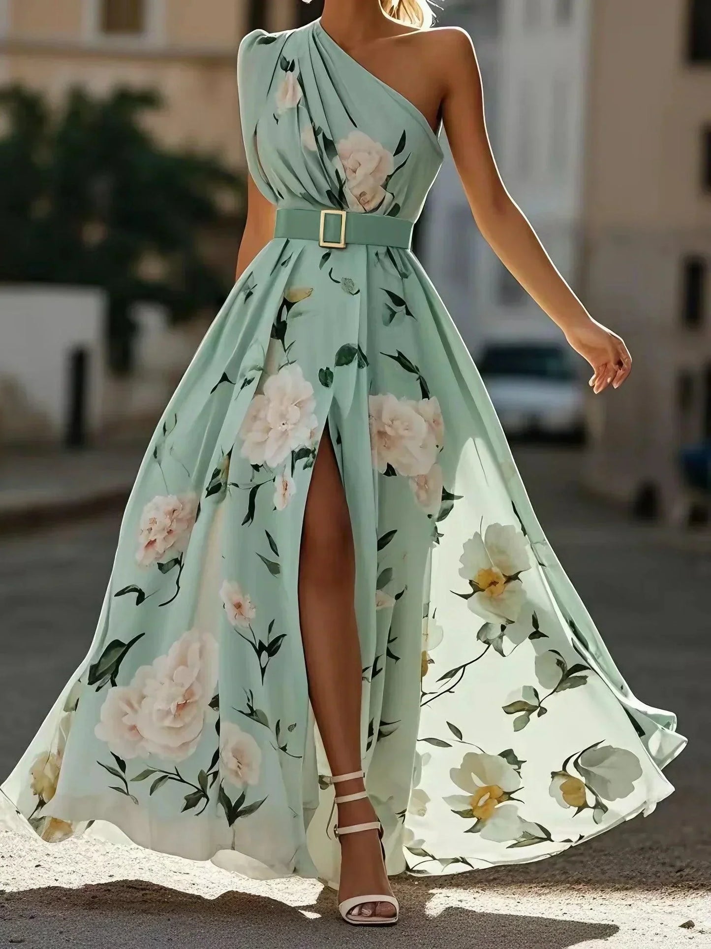 Julie | Robe maxi en chiffon vert à fleurs