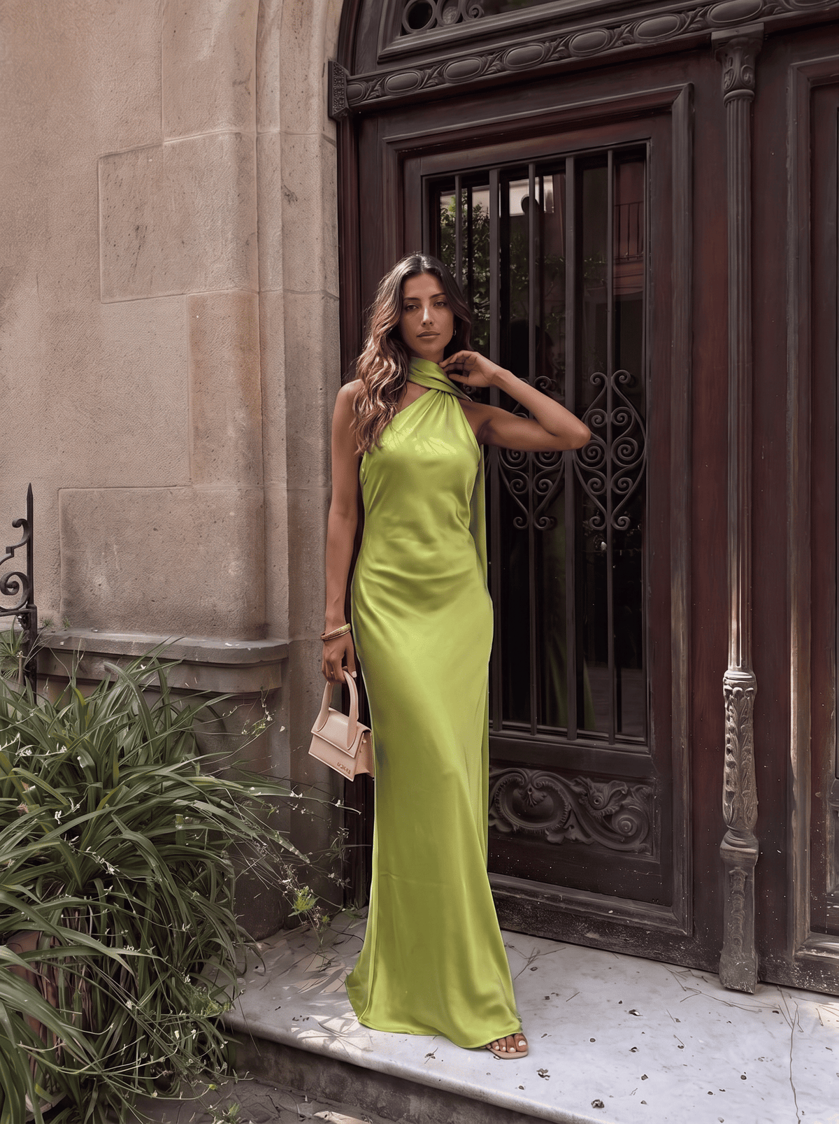 Robe longue satinée à col dos nu verte