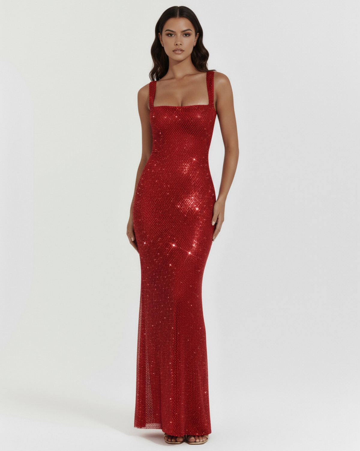 Robe longue brillante à encolure carrée