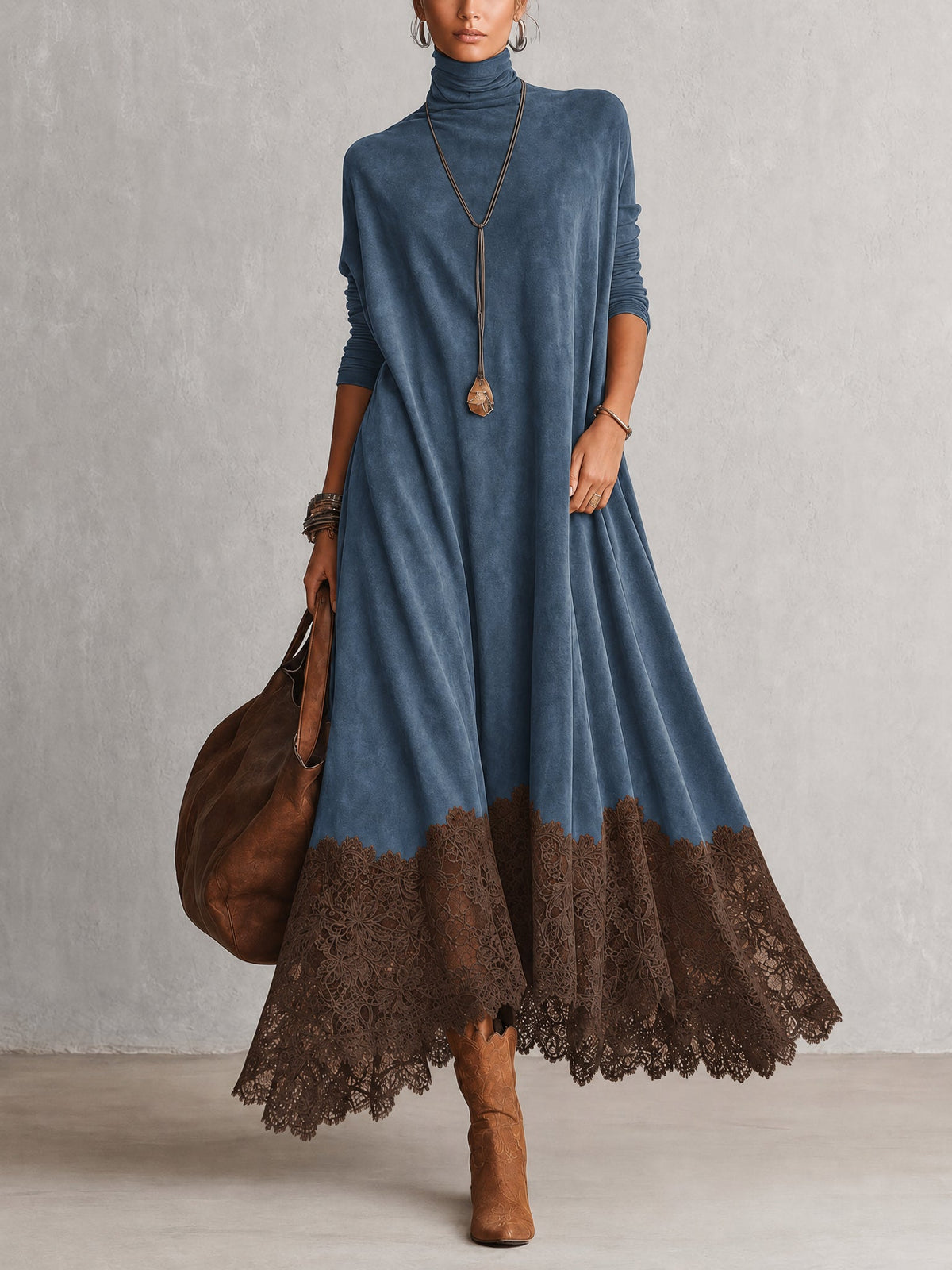 Vestido largo vintage marrón de efecto ante con mangas largas y bajo de encaje