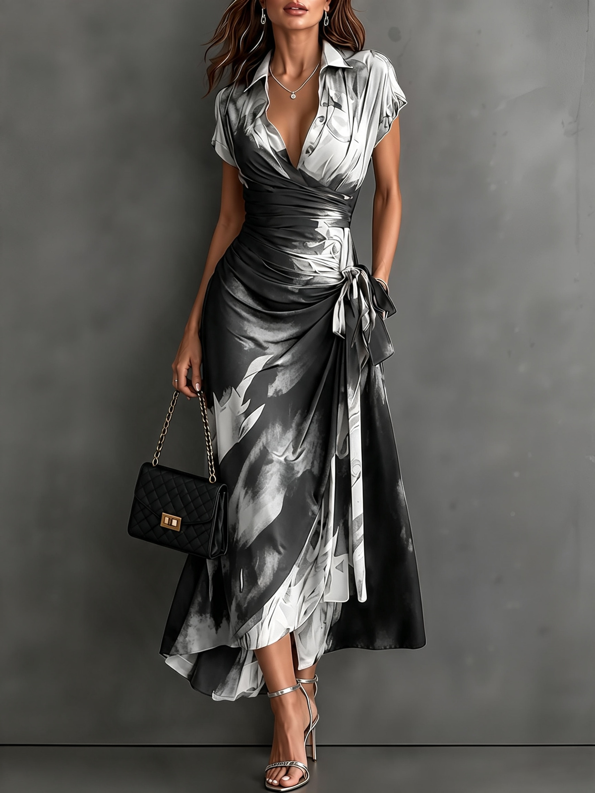 Rosalie | Robe Midi Croisée à Imprimé Abstrait, Col V, Manches Courtes, Ceinture et Ourlet Asymétrique à Volant