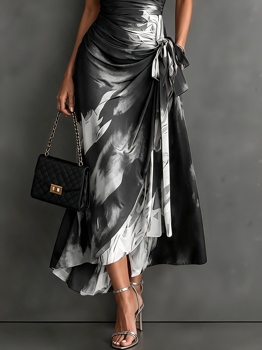 Rosalie | Robe Midi Croisée à Imprimé Abstrait, Col V, Manches Courtes, Ceinture et Ourlet Asymétrique à Volant