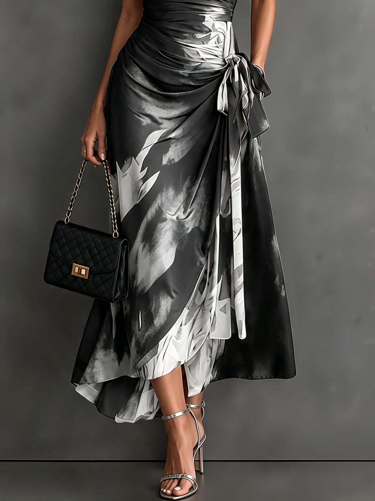 Rosalie | Robe Midi Croisée à Imprimé Abstrait, Col V, Manches Courtes, Ceinture et Ourlet Asymétrique à Volant