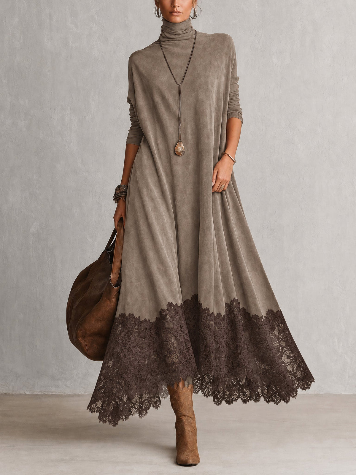 Vestido largo vintage marrón de efecto ante con mangas largas y bajo de encaje