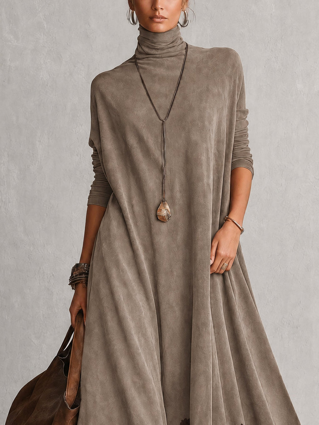 Vestido largo vintage marrón de efecto ante con mangas largas y bajo de encaje