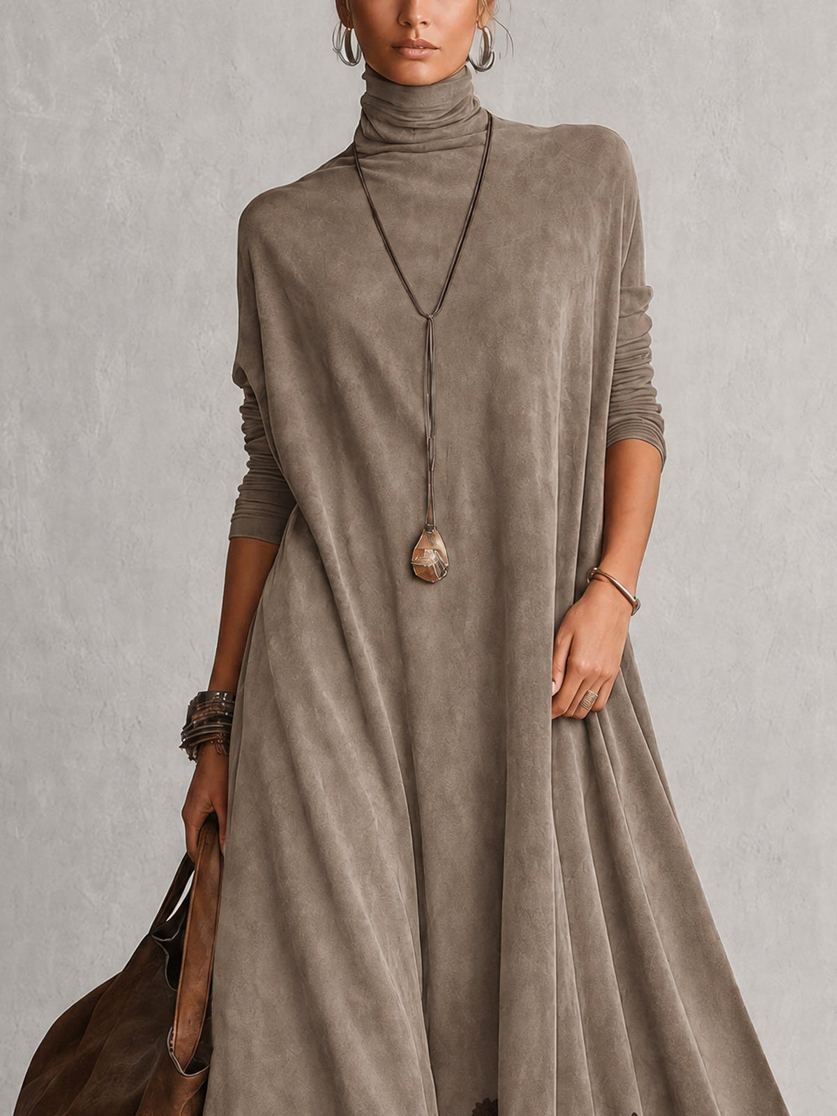 Vestido largo vintage marrón de efecto ante con mangas largas y bajo de encaje