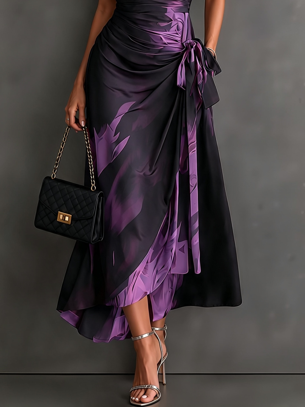 Rosalie | Robe Midi Croisée à Imprimé Abstrait, Col V, Manches Courtes, Ceinture et Ourlet Asymétrique à Volant