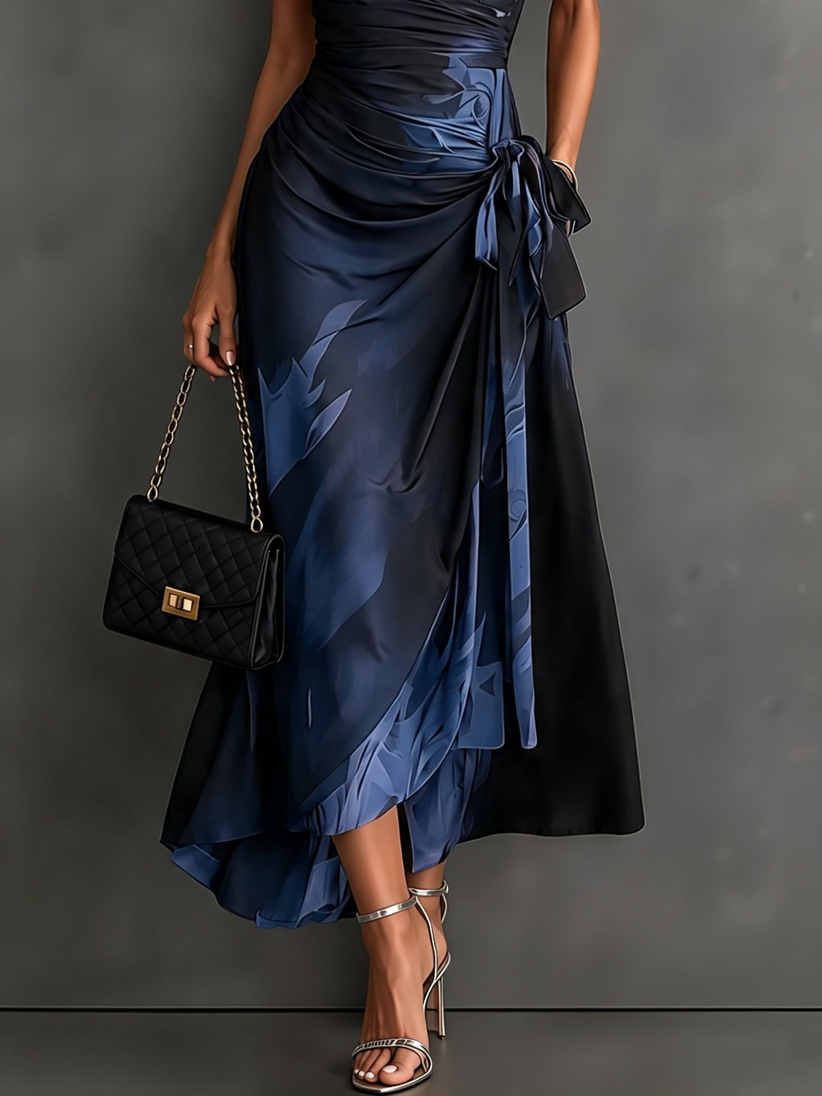 Rosalie | Robe Midi Croisée à Imprimé Abstrait, Col V, Manches Courtes, Ceinture et Ourlet Asymétrique à Volant