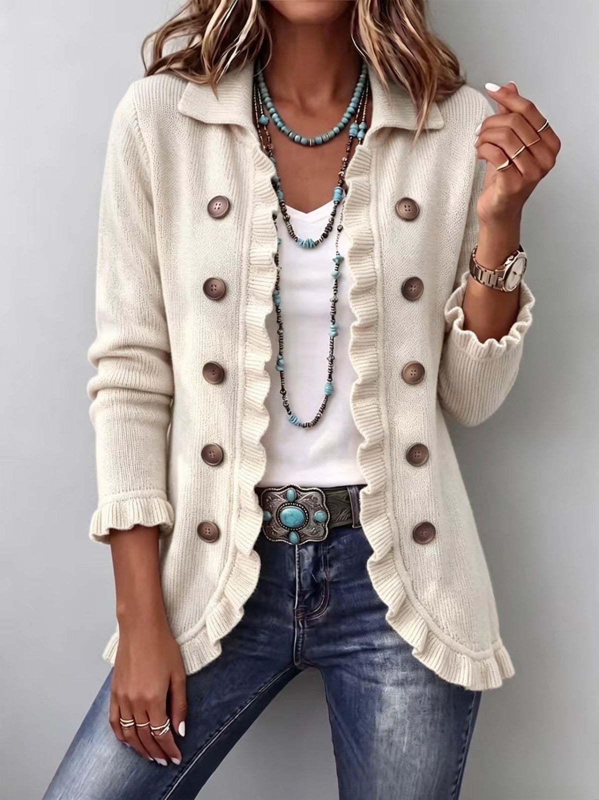 Antonietta | Veste en maille ivoire à volants