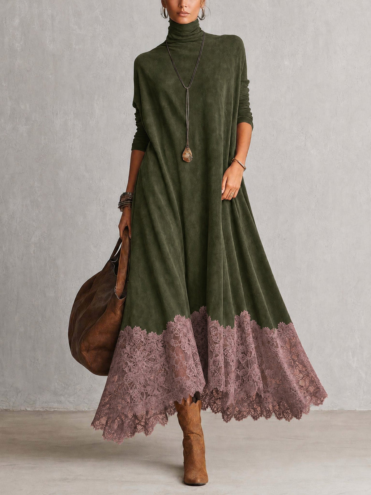 Vestido largo vintage marrón de efecto ante con mangas largas y bajo de encaje