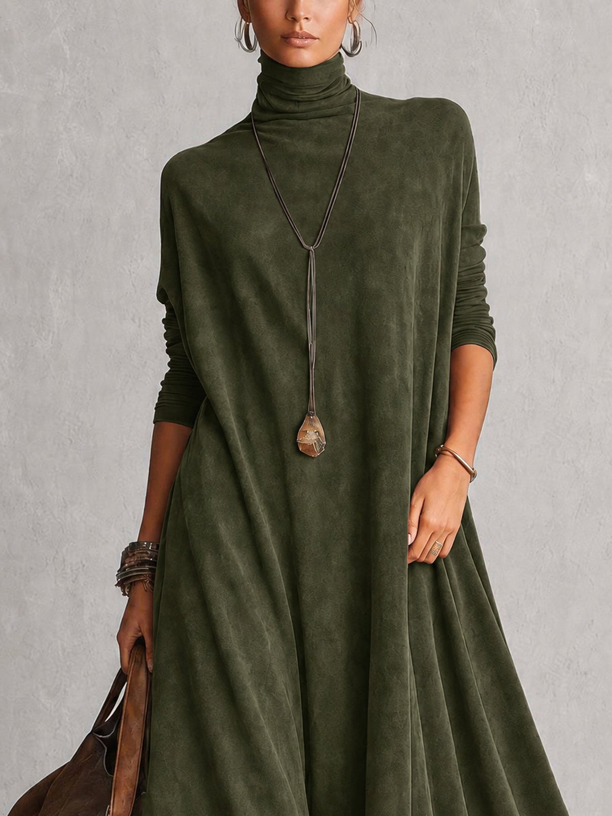 Vestido largo vintage marrón de efecto ante con mangas largas y bajo de encaje