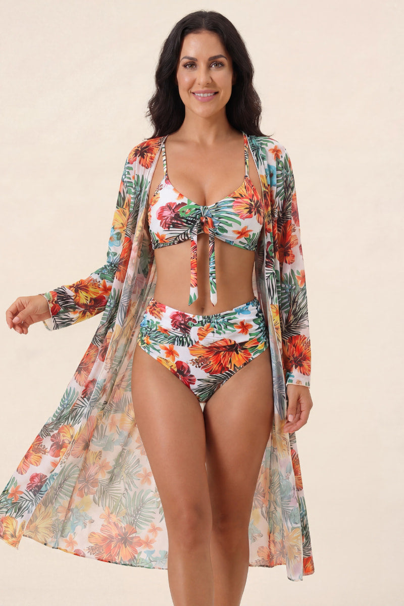 Ensemble bikini tropical avec kimono fluide