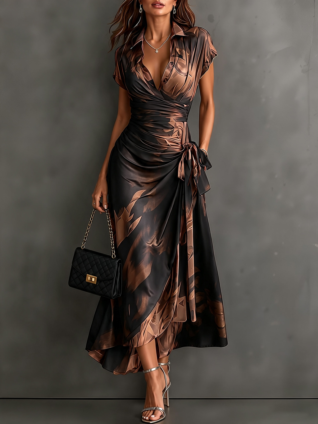 Rosalie | Robe Midi Croisée à Imprimé Abstrait, Col V, Manches Courtes, Ceinture et Ourlet Asymétrique à Volant