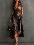 Rosalie | Robe Midi Croisée à Imprimé Abstrait, Col V, Manches Courtes, Ceinture et Ourlet Asymétrique à Volant